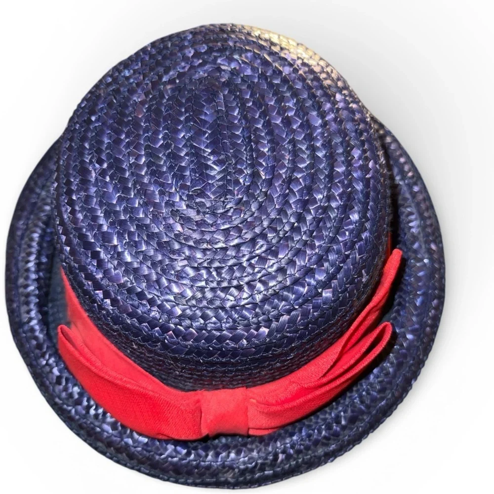 Vintage Navy Blue Straw Boater Hat Red Ribbon Band Retro Old Money Style Fedora